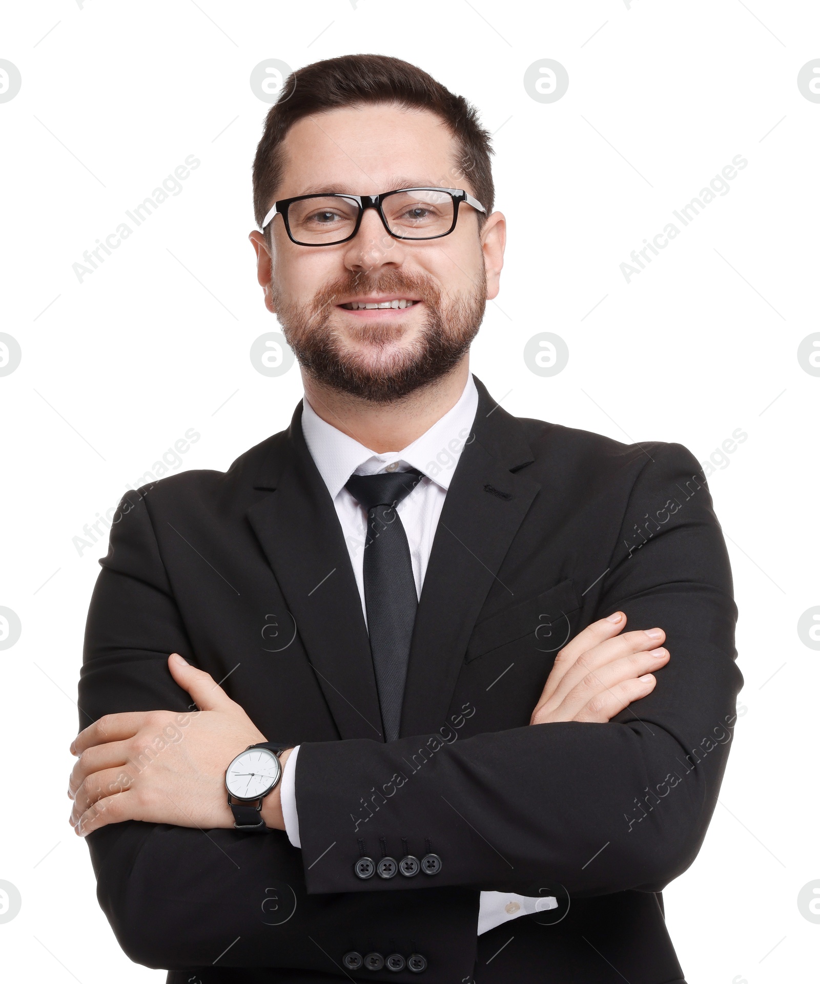 Photo of Portrait of banker in glasses on white background