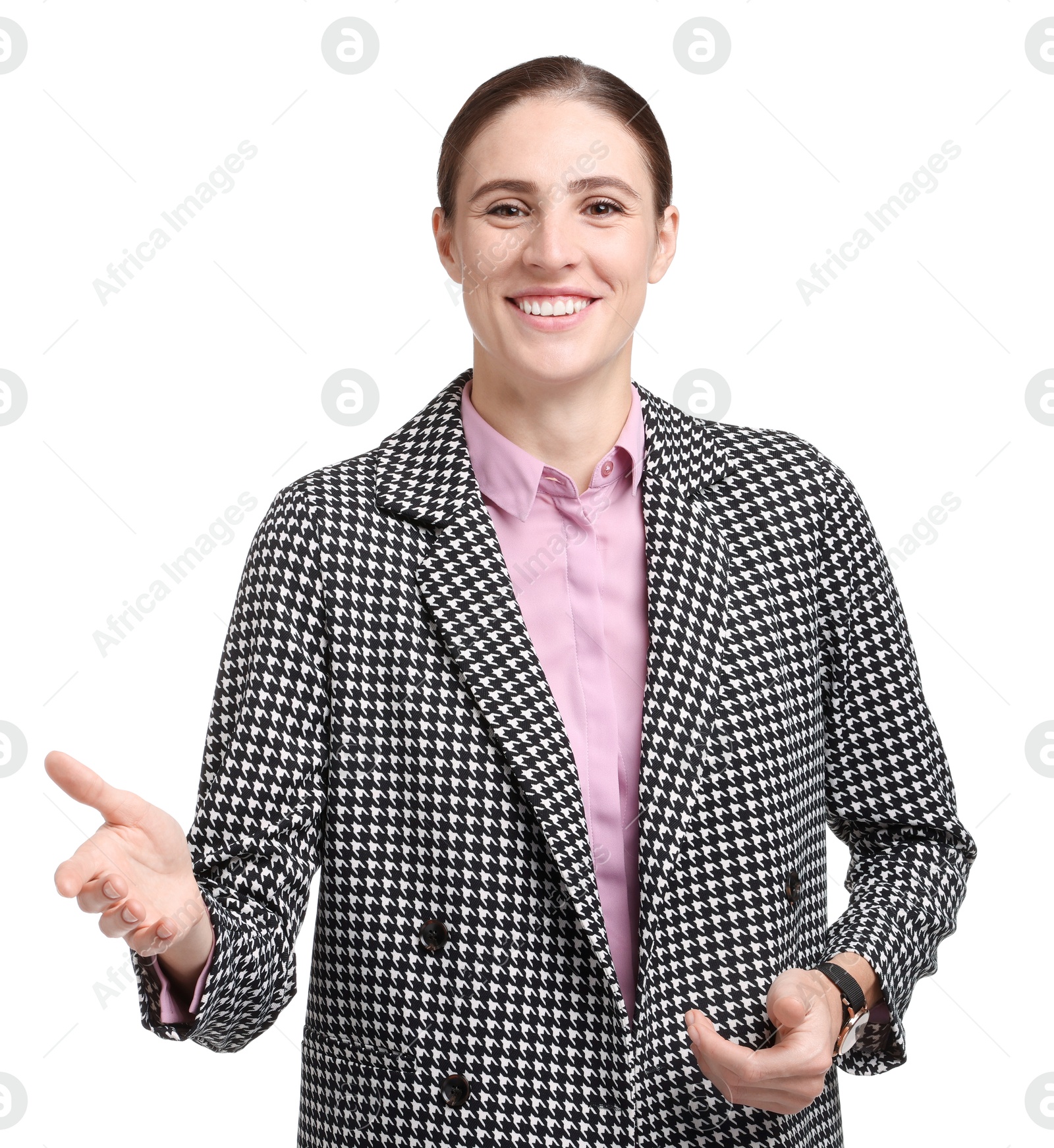 Photo of Portrait of banker in jacket on white background