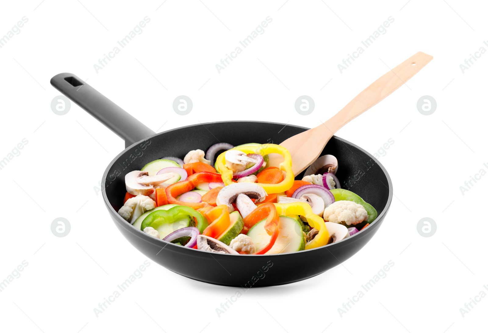 Photo of Frying pan with mix of vegetables and mushrooms in air isolated on white