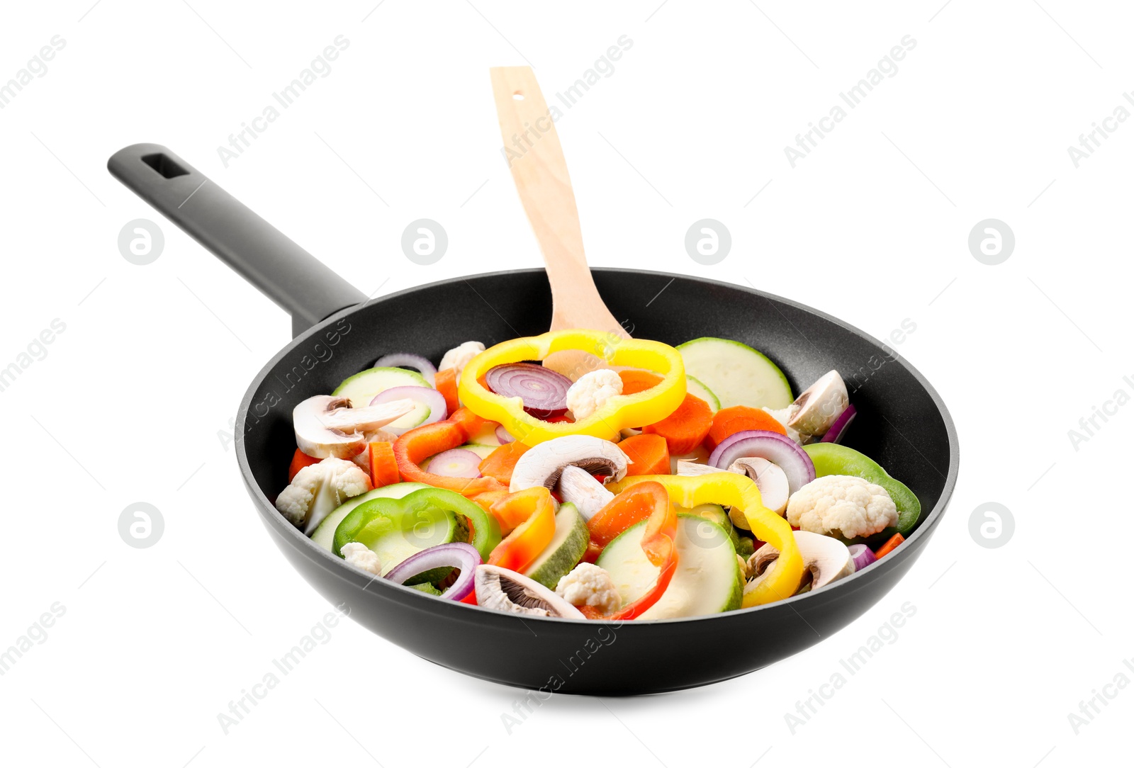 Photo of Frying pan with mix of vegetables and mushrooms in air isolated on white