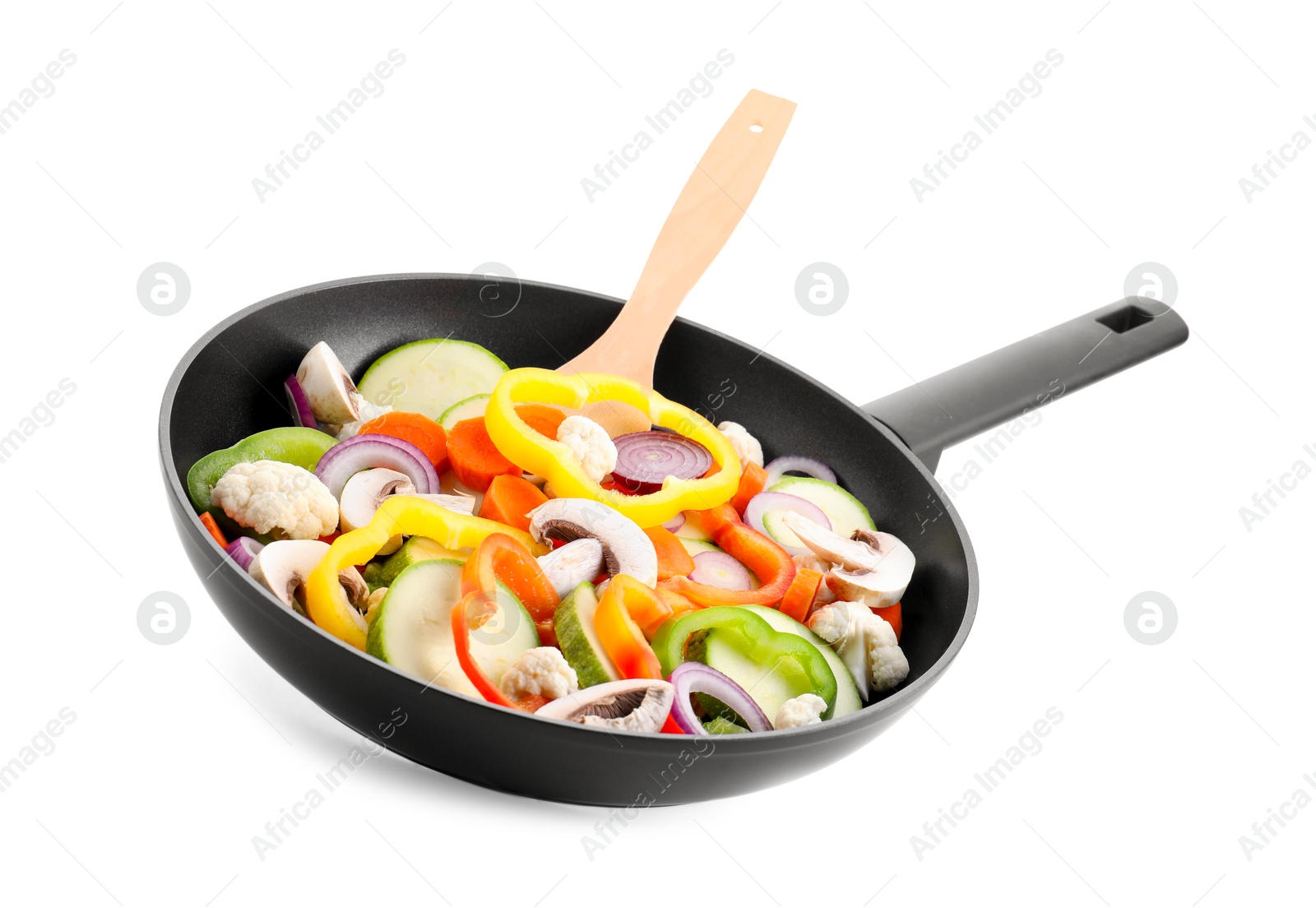 Photo of Frying pan with mix of vegetables and mushrooms in air isolated on white