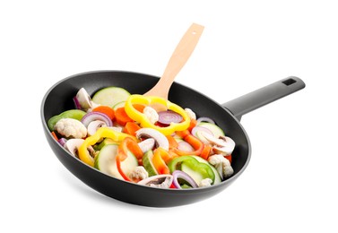 Photo of Frying pan with mix of vegetables and mushrooms in air isolated on white