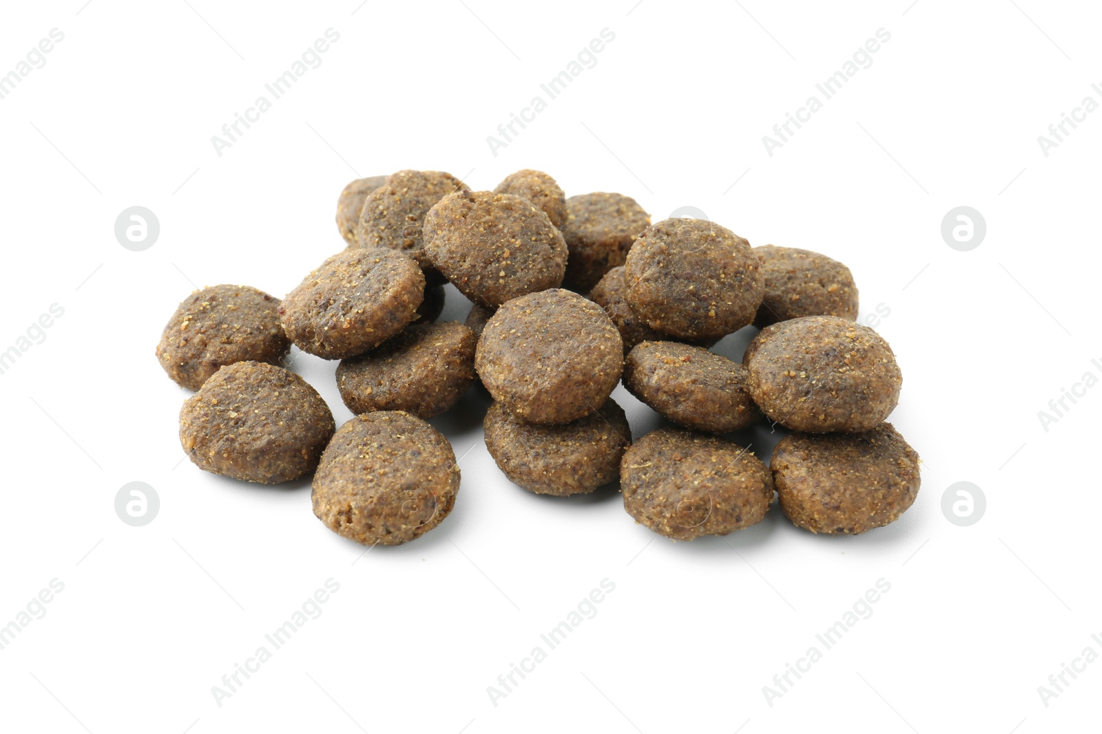 Photo of Dry pet food granules isolated on white