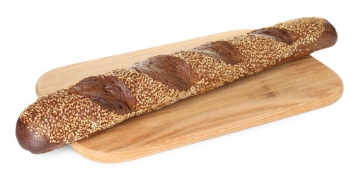 Photo of One fresh baguette with sesame isolated on white