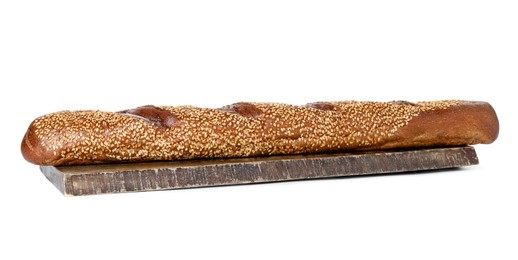 Photo of One fresh baguette with sesame isolated on white