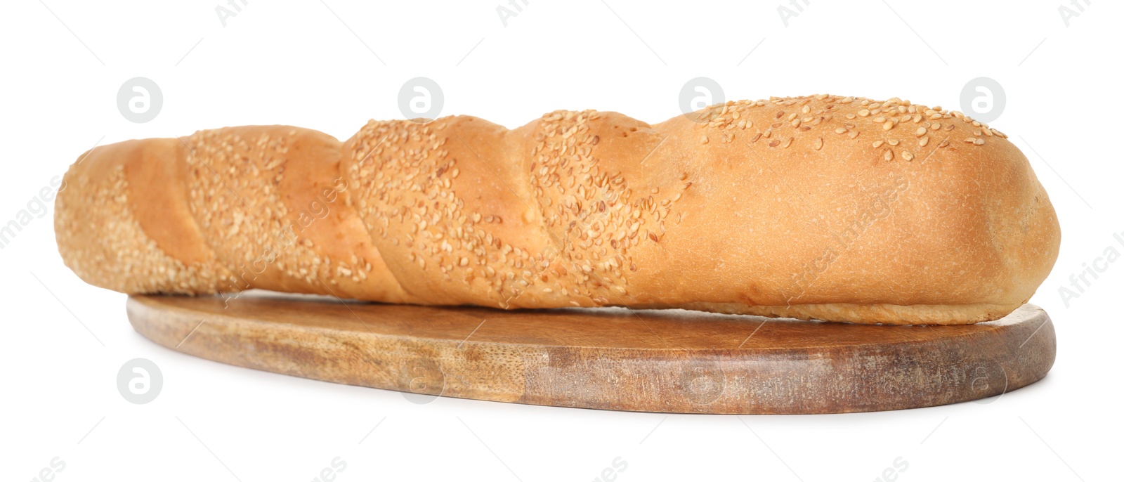 Photo of One fresh baguette with sesame isolated on white