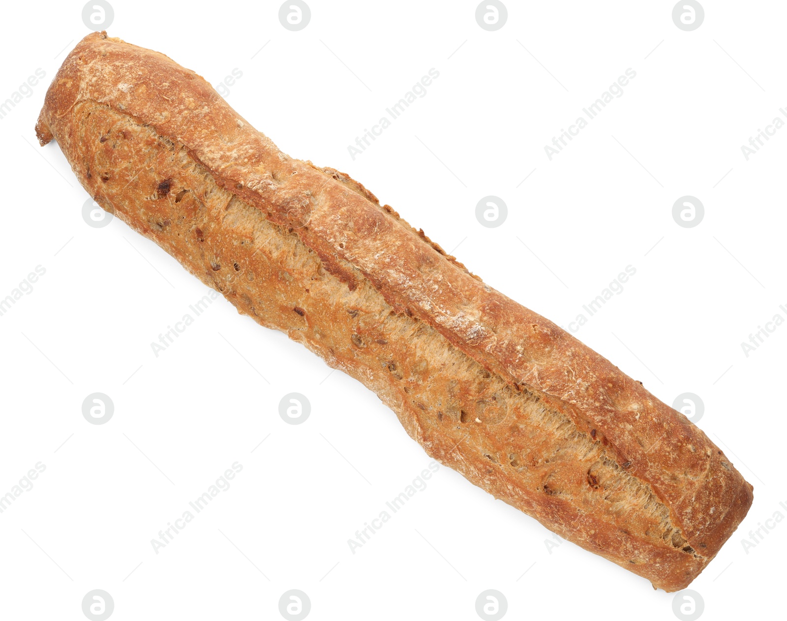 Photo of One freshly baked baguette isolated on white, top view