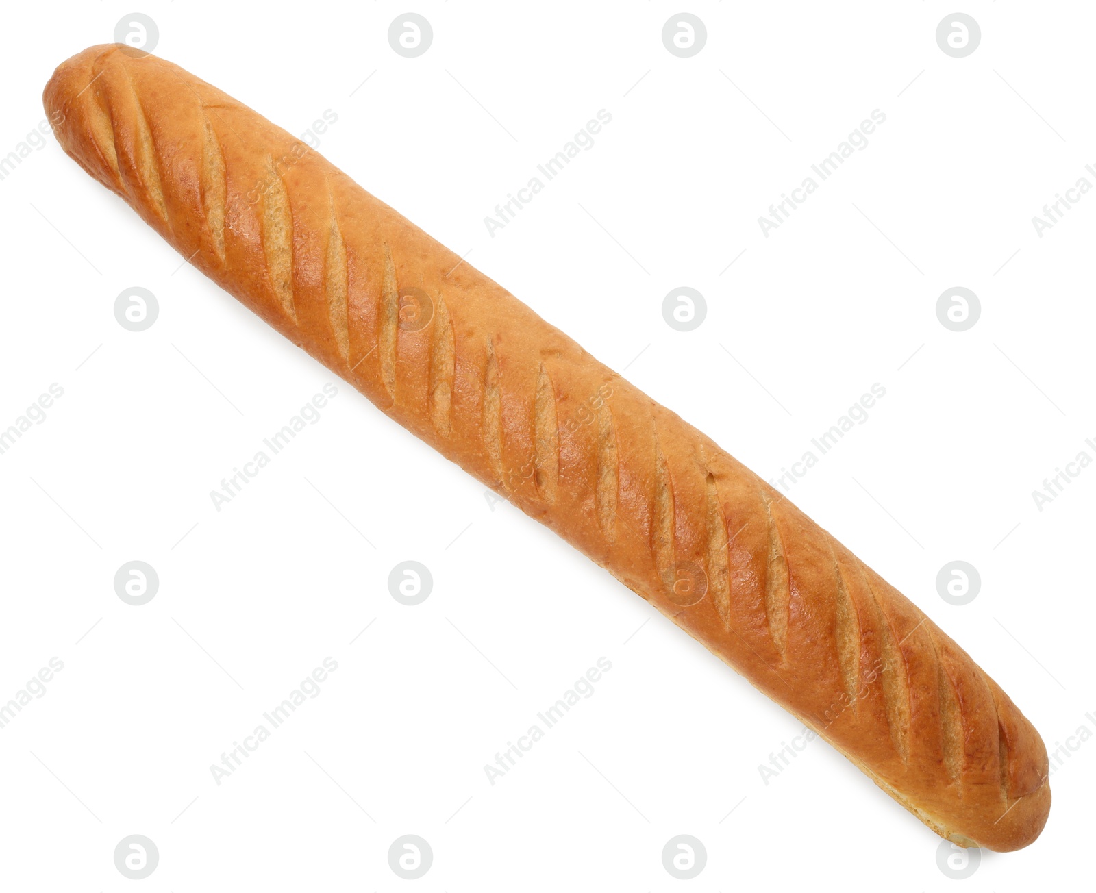 Photo of One freshly baked baguette isolated on white, top view