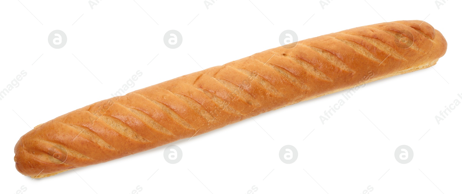 Photo of One freshly baked baguette isolated on white, top view