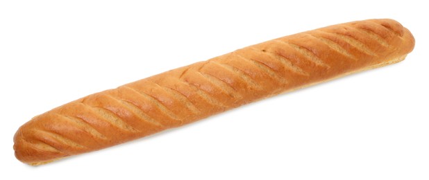 Photo of One freshly baked baguette isolated on white, top view