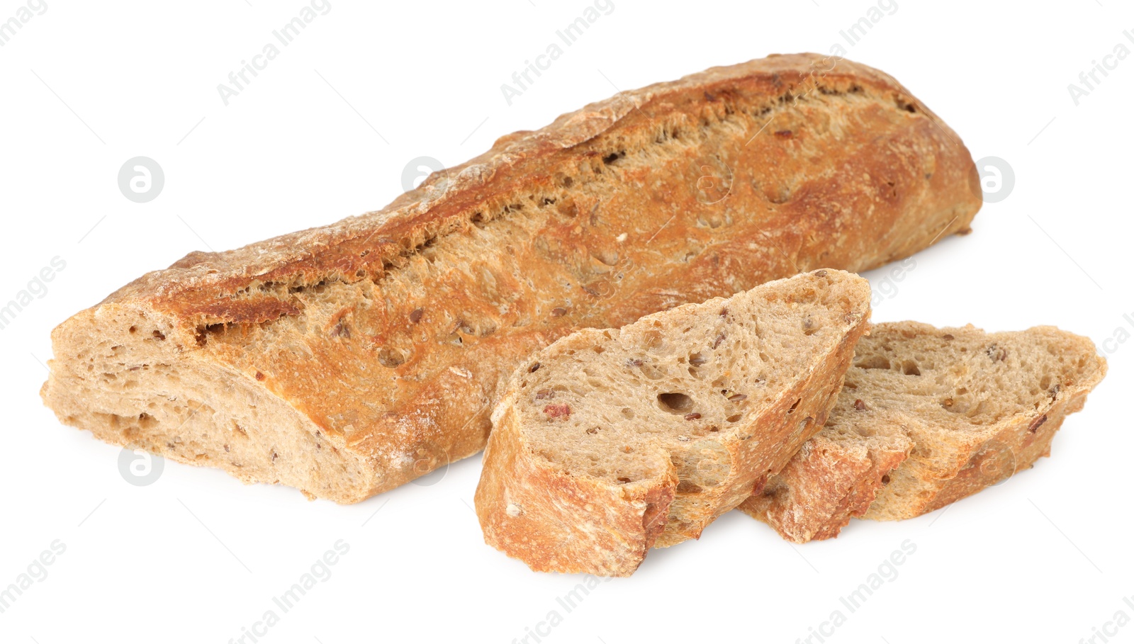 Photo of Cut freshly baked baguette isolated on white