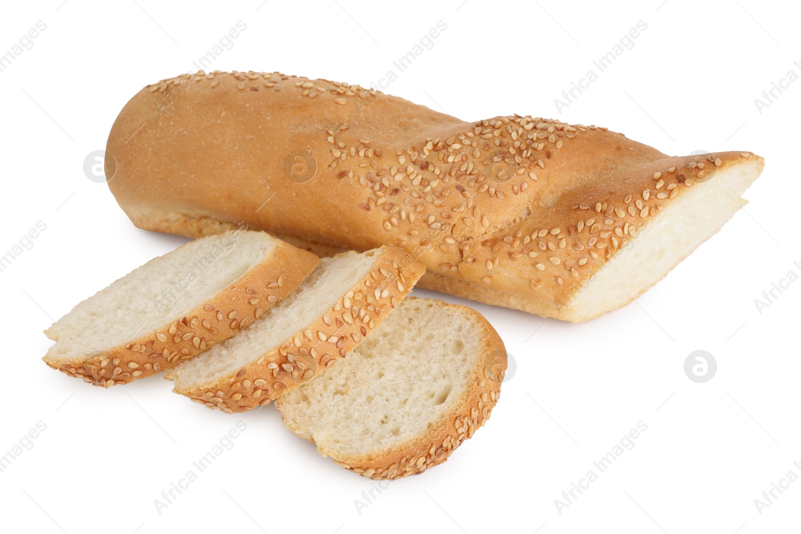 Photo of Cut fresh baguette with sesame isolated on white