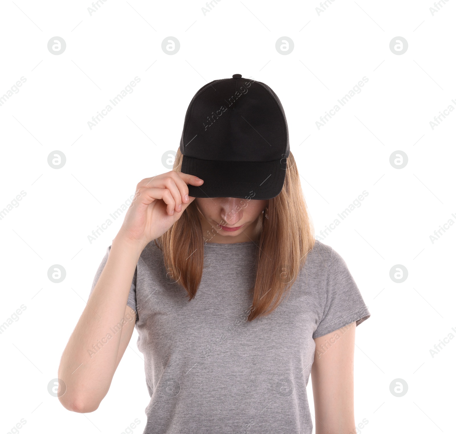 Photo of Woman in stylish baseball cap on white background. Mockup for design