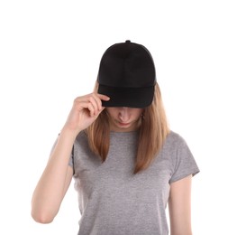 Photo of Woman in stylish baseball cap on white background. Mockup for design