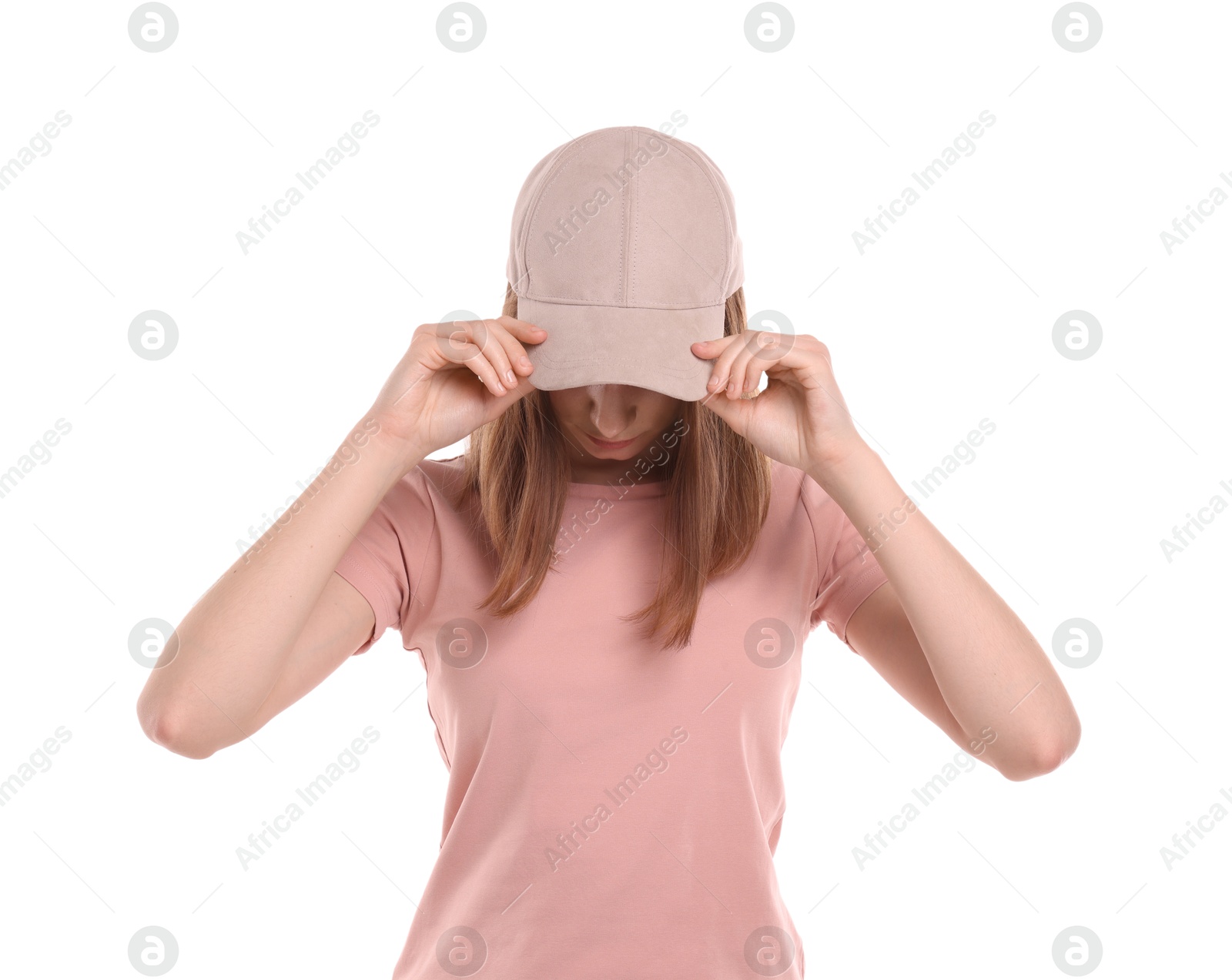 Photo of Woman in stylish baseball cap on white background. Mockup for design