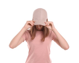 Photo of Woman in stylish baseball cap on white background. Mockup for design