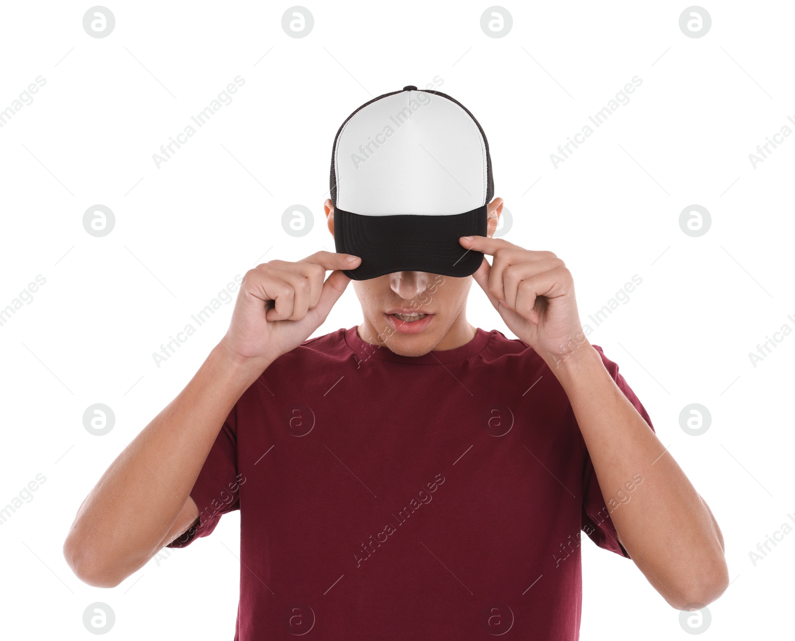 Photo of Man in stylish baseball cap on white background. Mockup for design