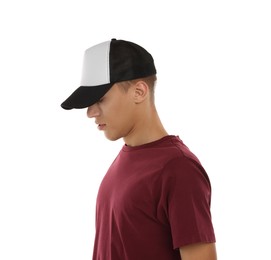 Man in stylish baseball cap on white background. Mockup for design