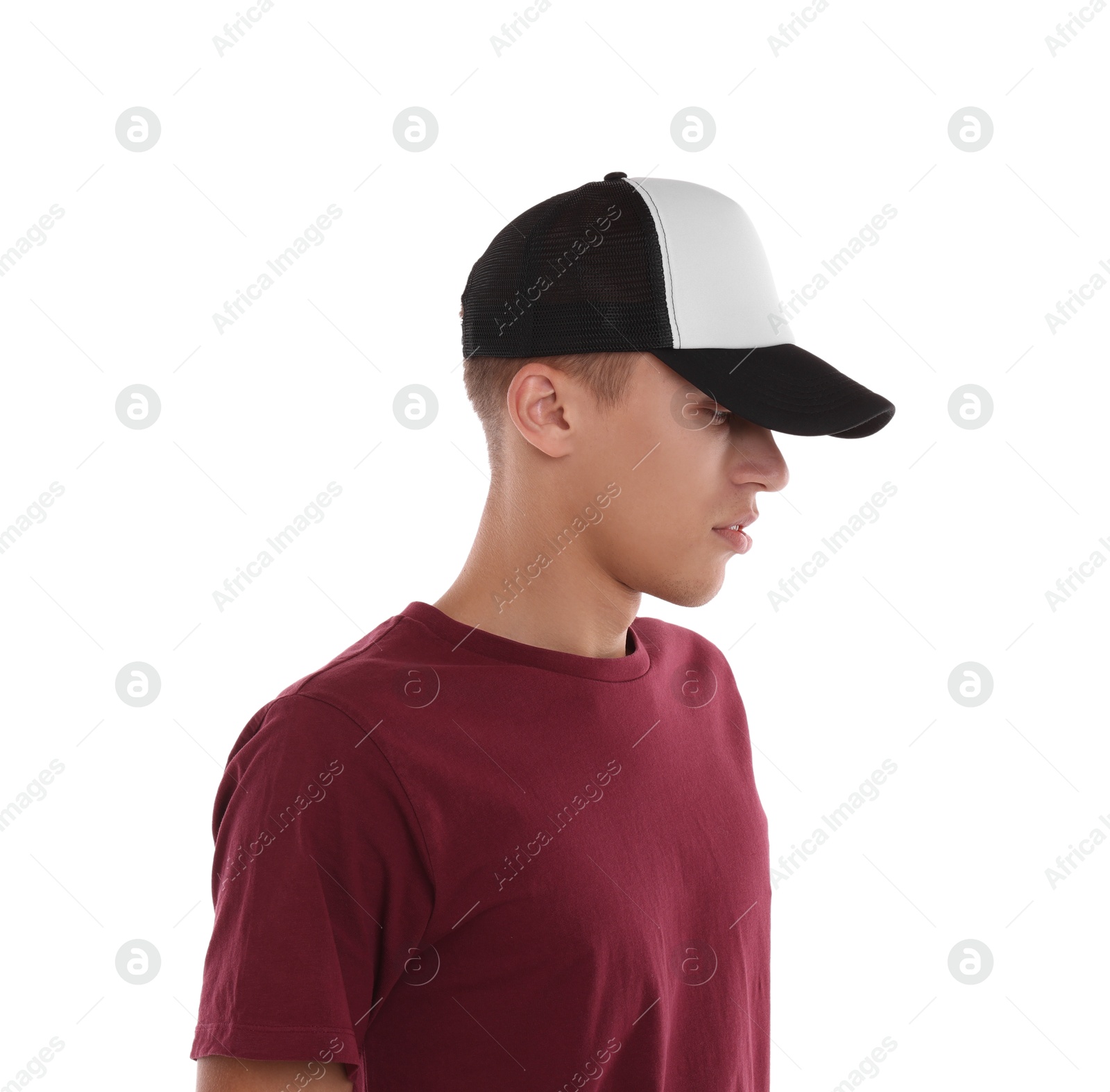 Photo of Man in stylish baseball cap on white background. Mockup for design