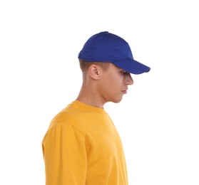 Photo of Man in stylish baseball cap on white background. Mockup for design