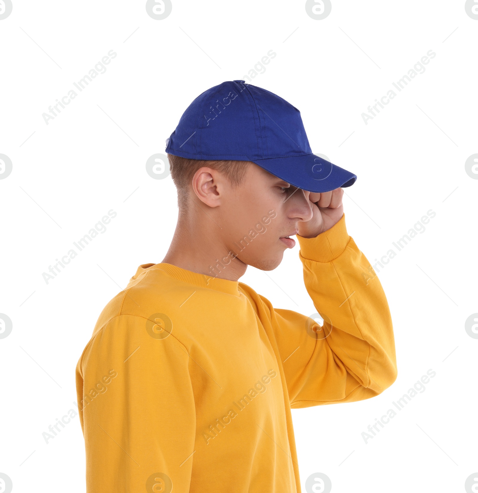 Photo of Man in stylish baseball cap on white background. Mockup for design