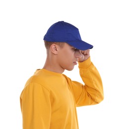 Photo of Man in stylish baseball cap on white background. Mockup for design