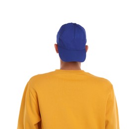 Photo of Man in stylish baseball cap on white background, back view. Mockup for design