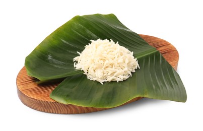 Photo of Cut banana leaf with pile of rice isolated on white. Healthy eco serving