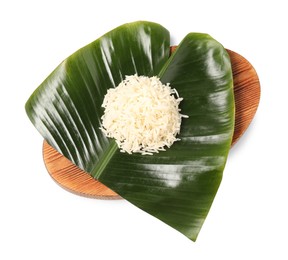 Photo of Cut banana leaf with pile of rice isolated on white, top view. Healthy eco serving