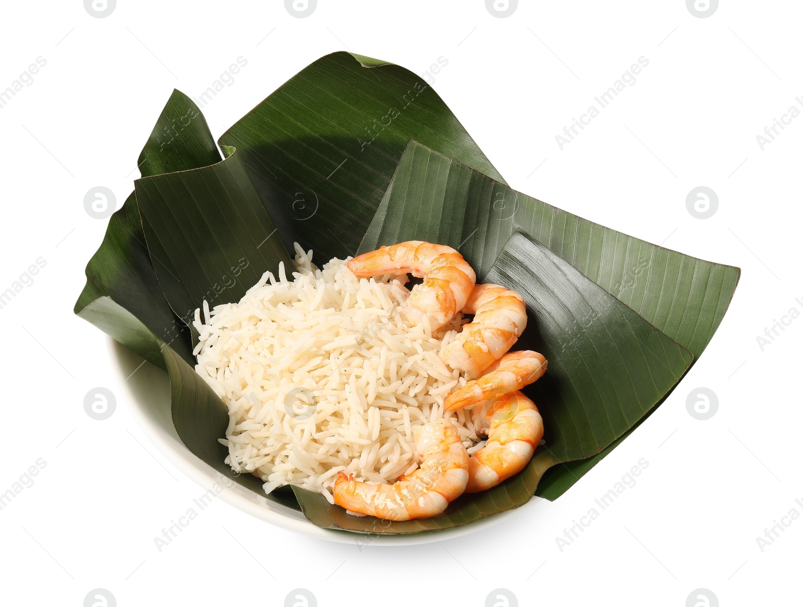 Photo of Cut banana leaves with rice and shrimps in bowl isolated on white