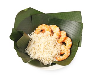 Photo of Cut banana leaves with rice and shrimps in bowl isolated on white, above view