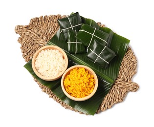 Photo of Cut banana leaves with rice isolated on white, top view. Healthy eco serving