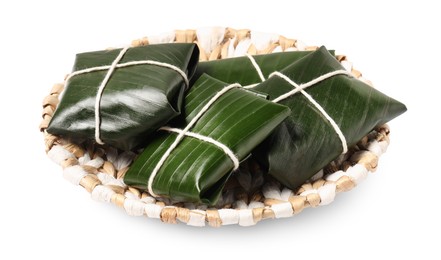 Cut banana leaves with food isolated on white. Healthy eco serving