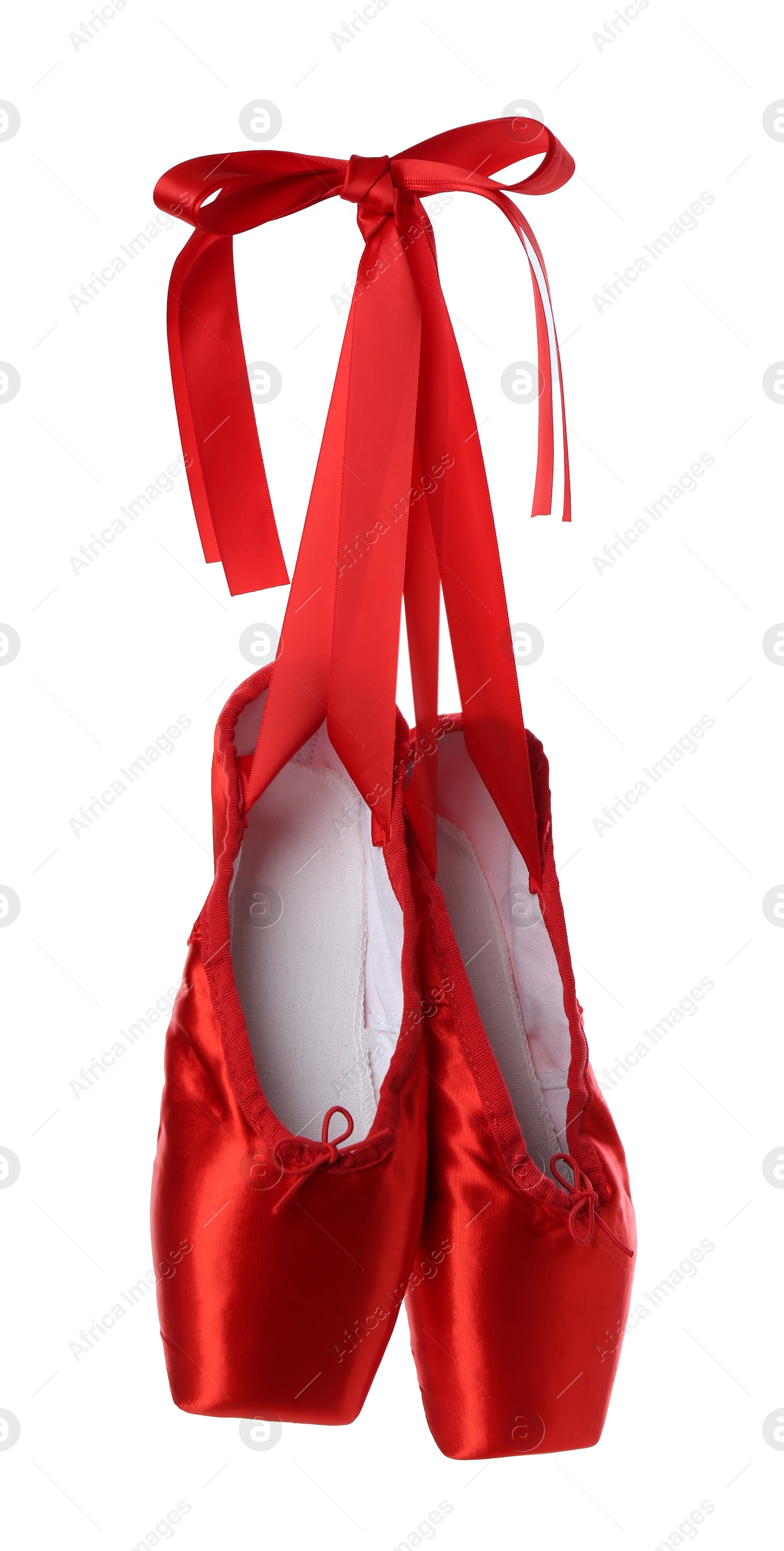 Photo of Pair of beautiful red pointe shoes isolated on white