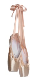 Photo of Pair of beautiful beige pointe shoes isolated on white