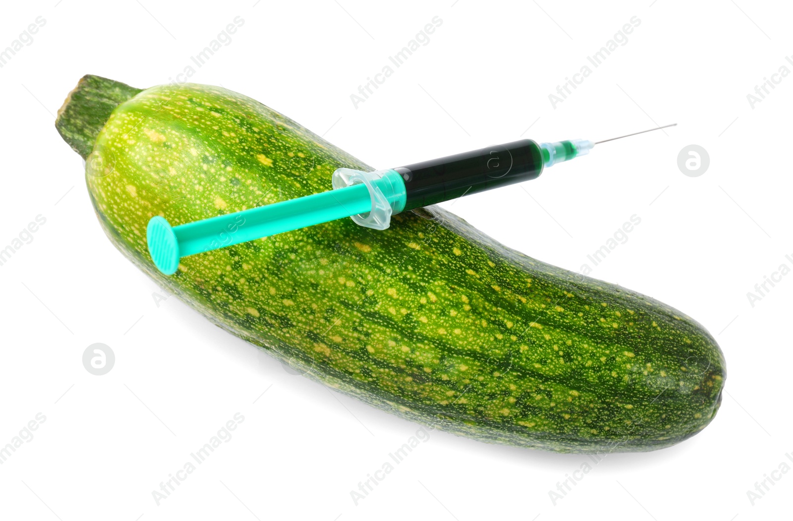 Photo of GMO concept. Fresh zucchini and syringe isolated on white, top view