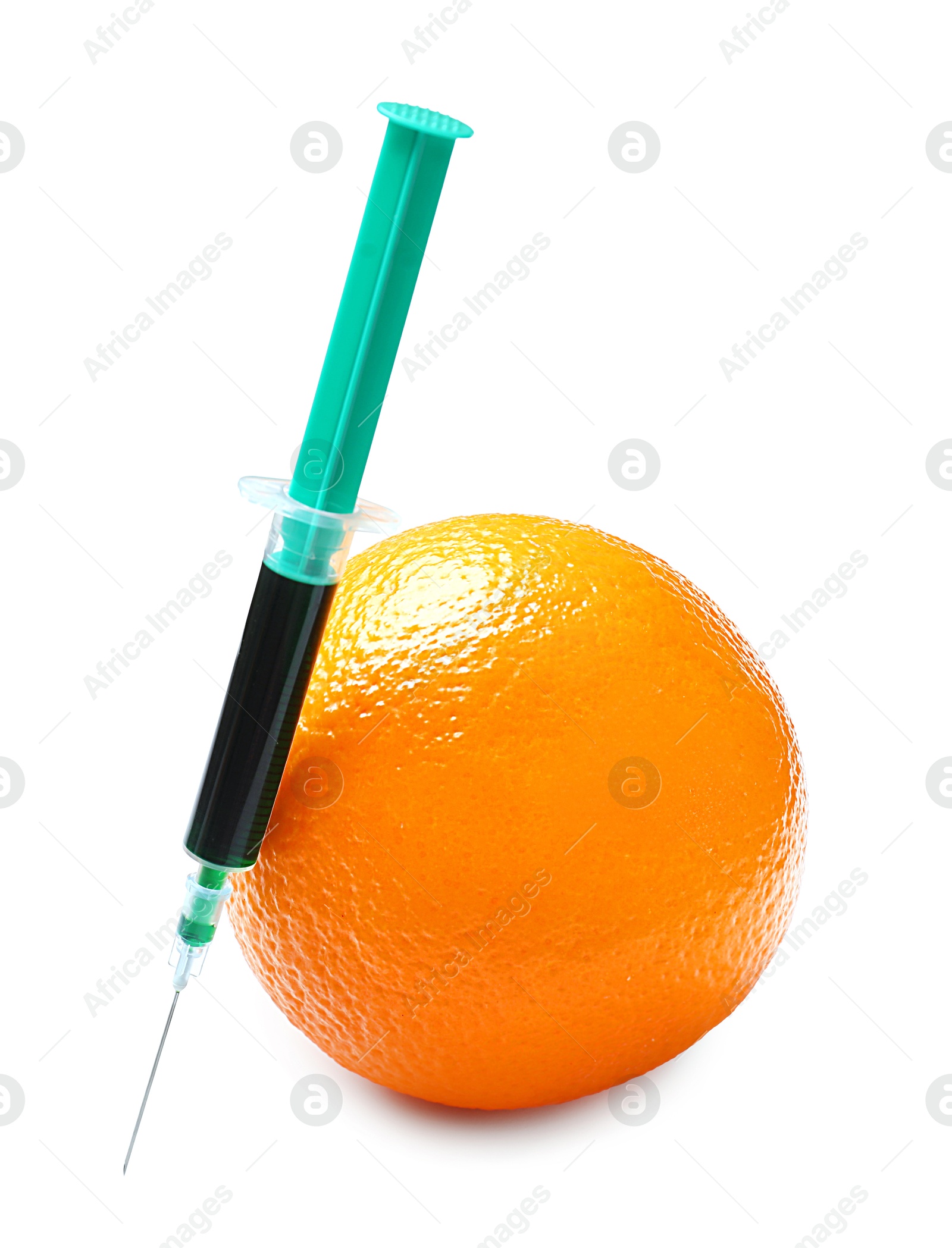 Photo of GMO concept. Fresh orange and syringe isolated on white