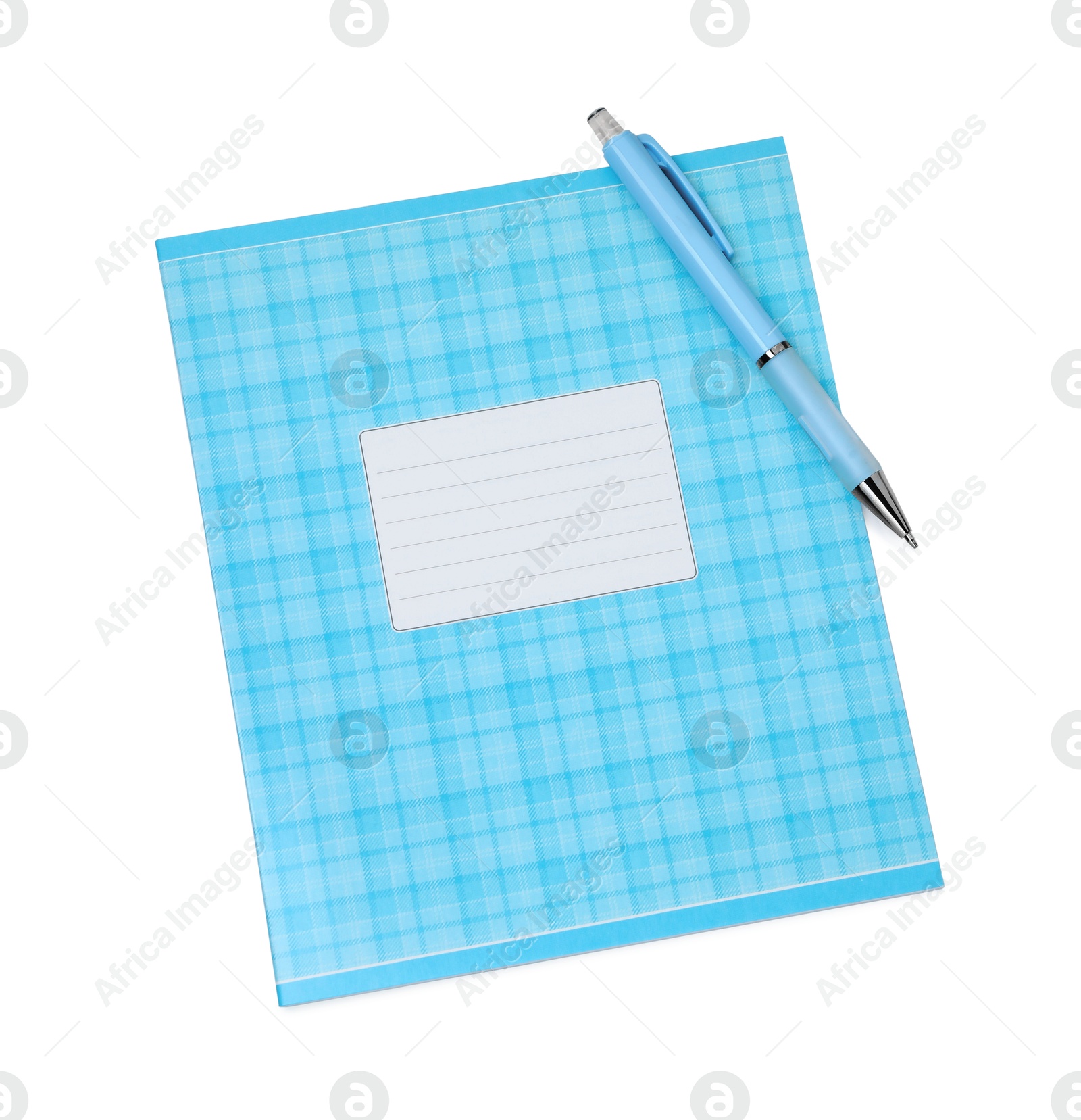 Photo of Copybook and pen isolated on white, top view. School stationery