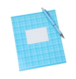 Photo of Copybook and pen isolated on white, top view. School stationery