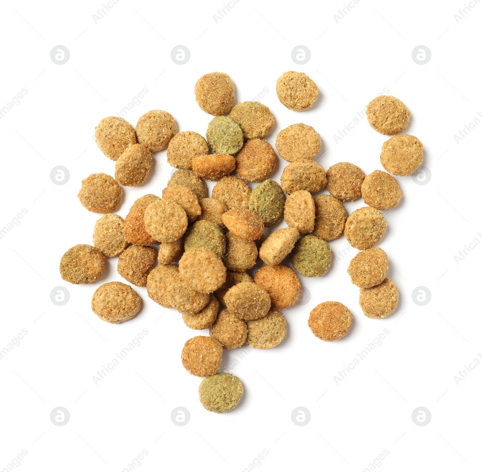 Photo of Dry pet food granules isolated on white, top view