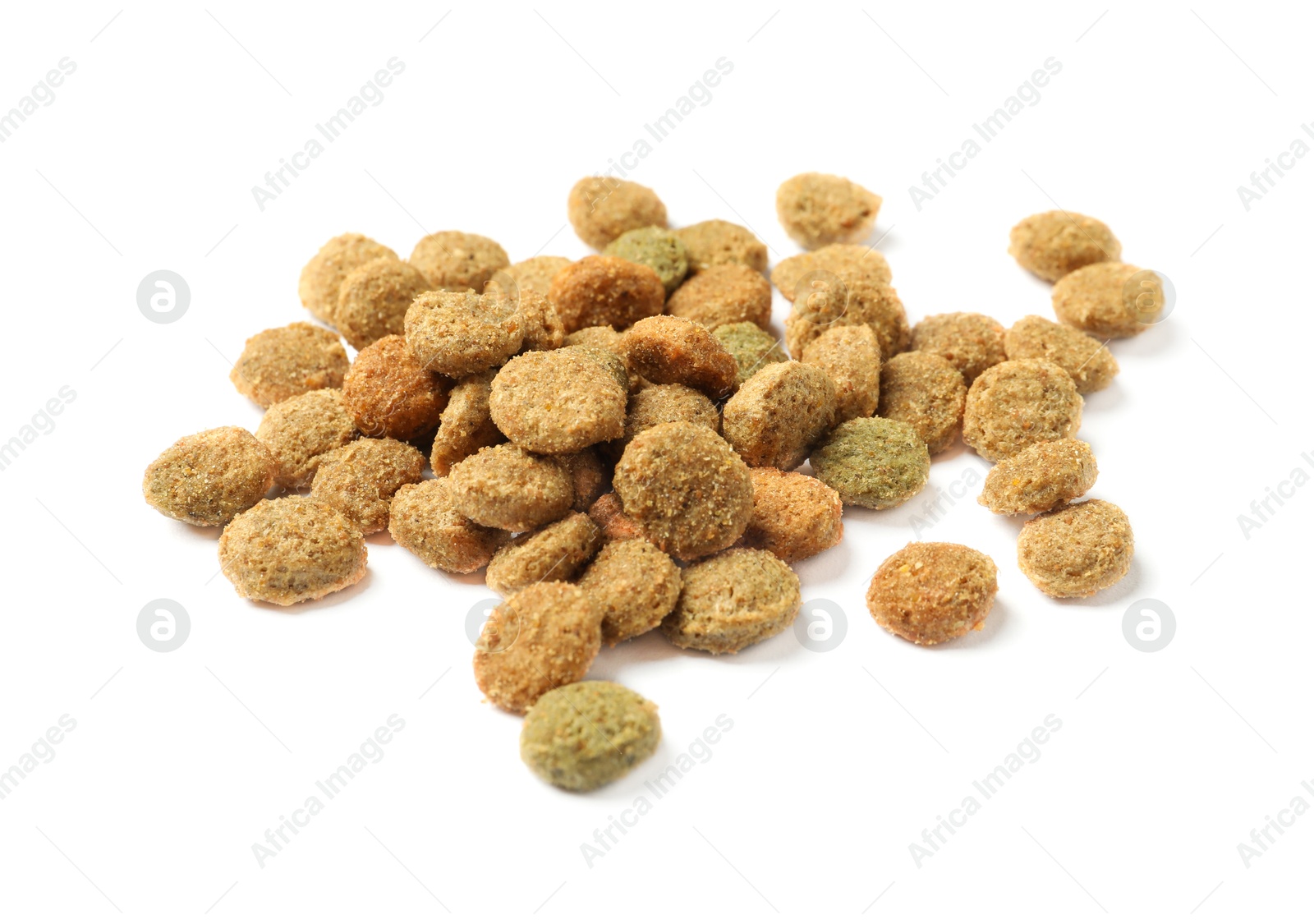 Photo of Dry pet food granules isolated on white