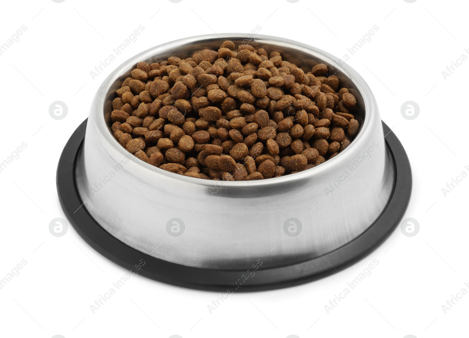 Photo of Dry pet food granules in feeding bowl isolated on white