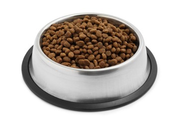 Dry pet food granules in feeding bowl isolated on white