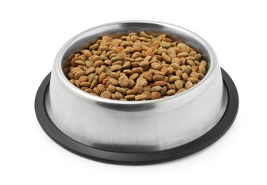 Photo of Dry pet food granules in feeding bowl isolated on white