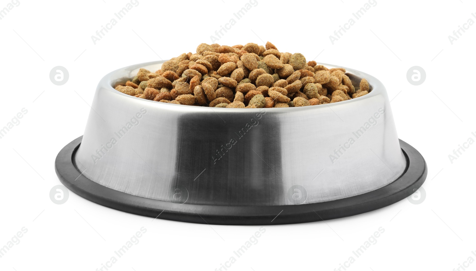 Photo of Dry pet food granules in feeding bowl isolated on white