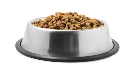 Dry pet food granules in feeding bowl isolated on white