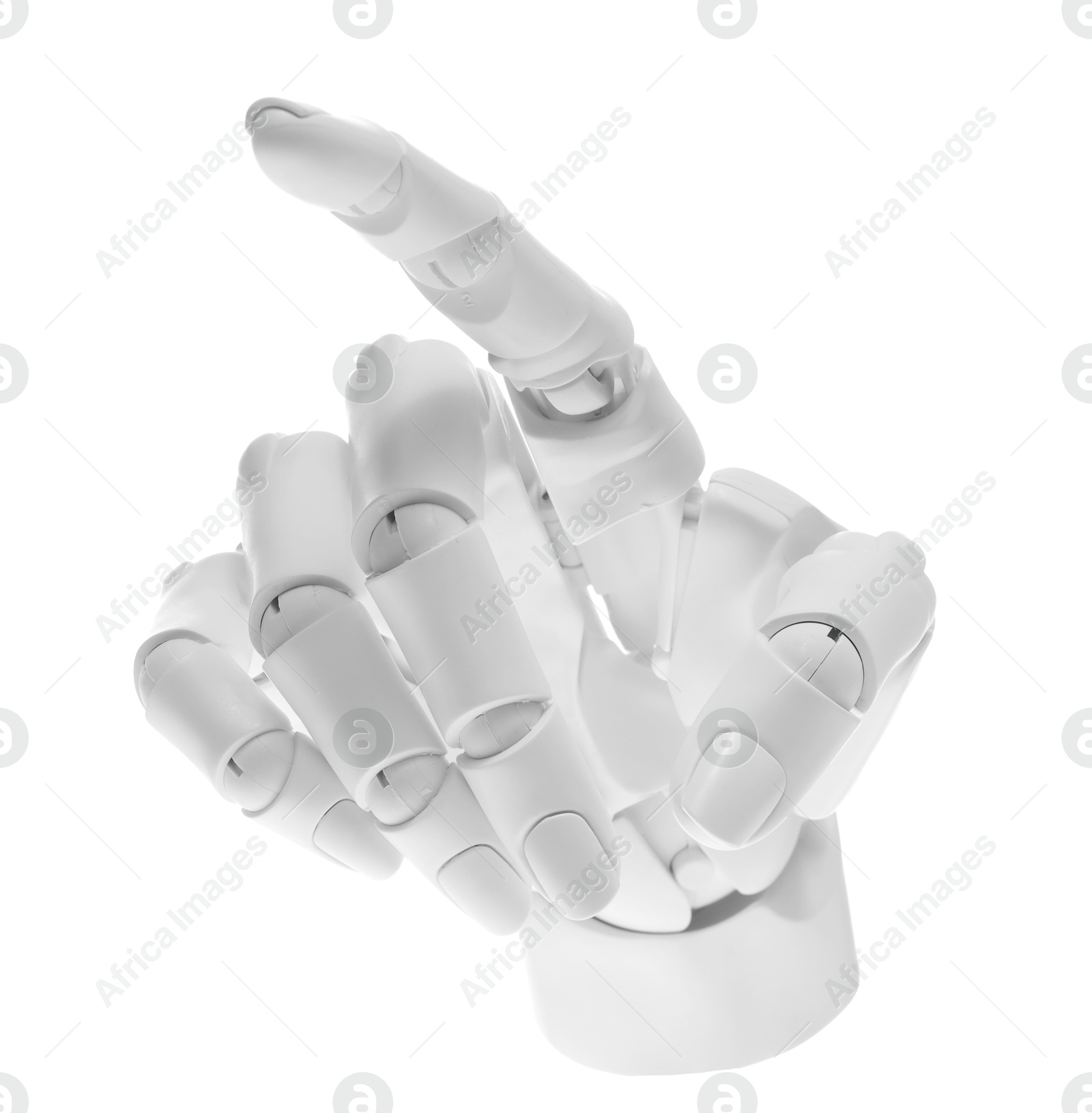 Photo of Artificial intelligence. Robot hand pointing at something on white background