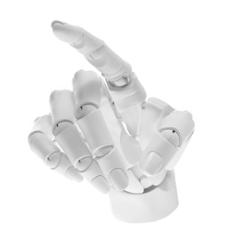 Photo of Artificial intelligence. Robot hand pointing at something on white background