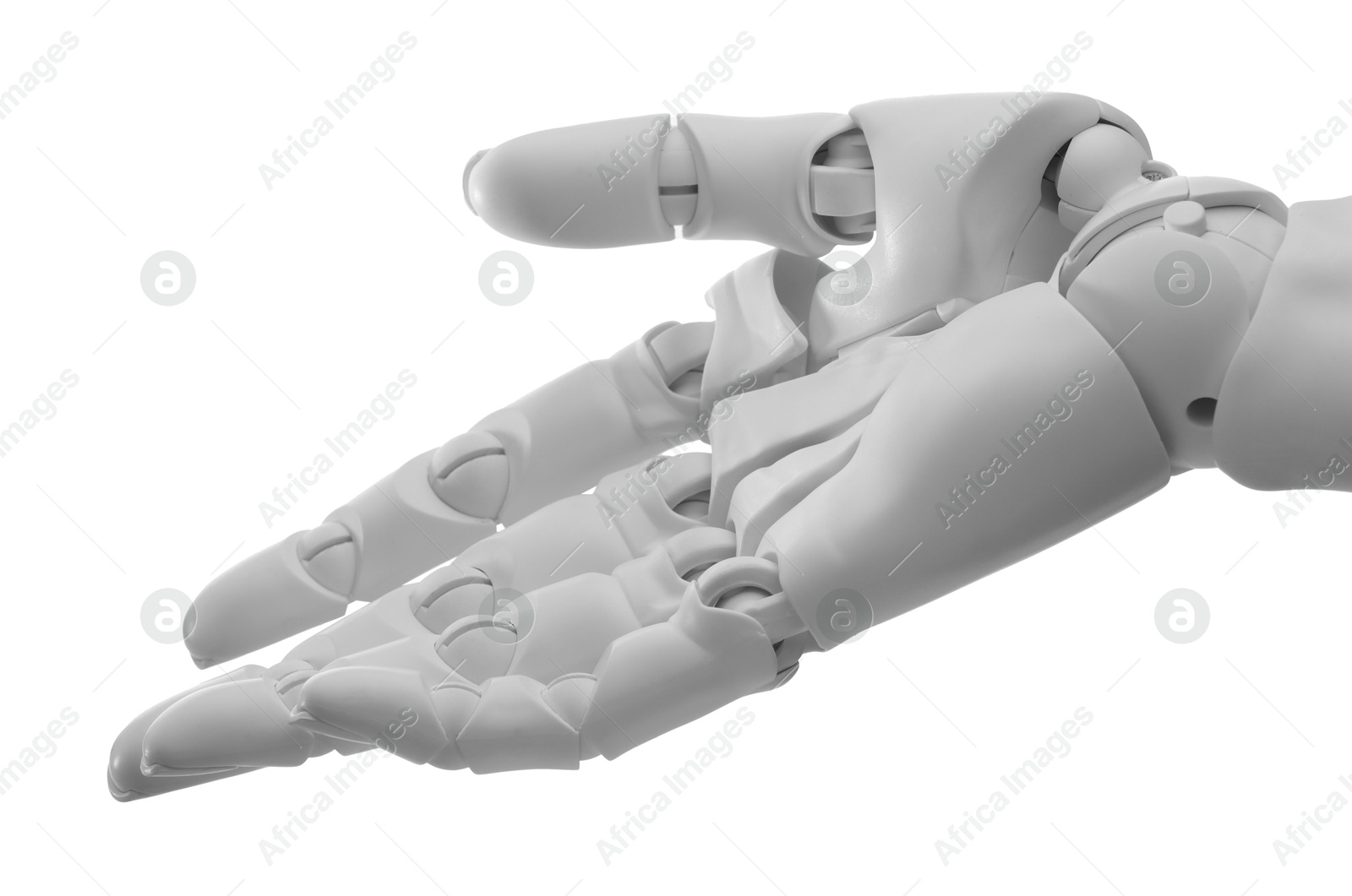 Photo of Artificial intelligence. Robot hand gesturing on white background