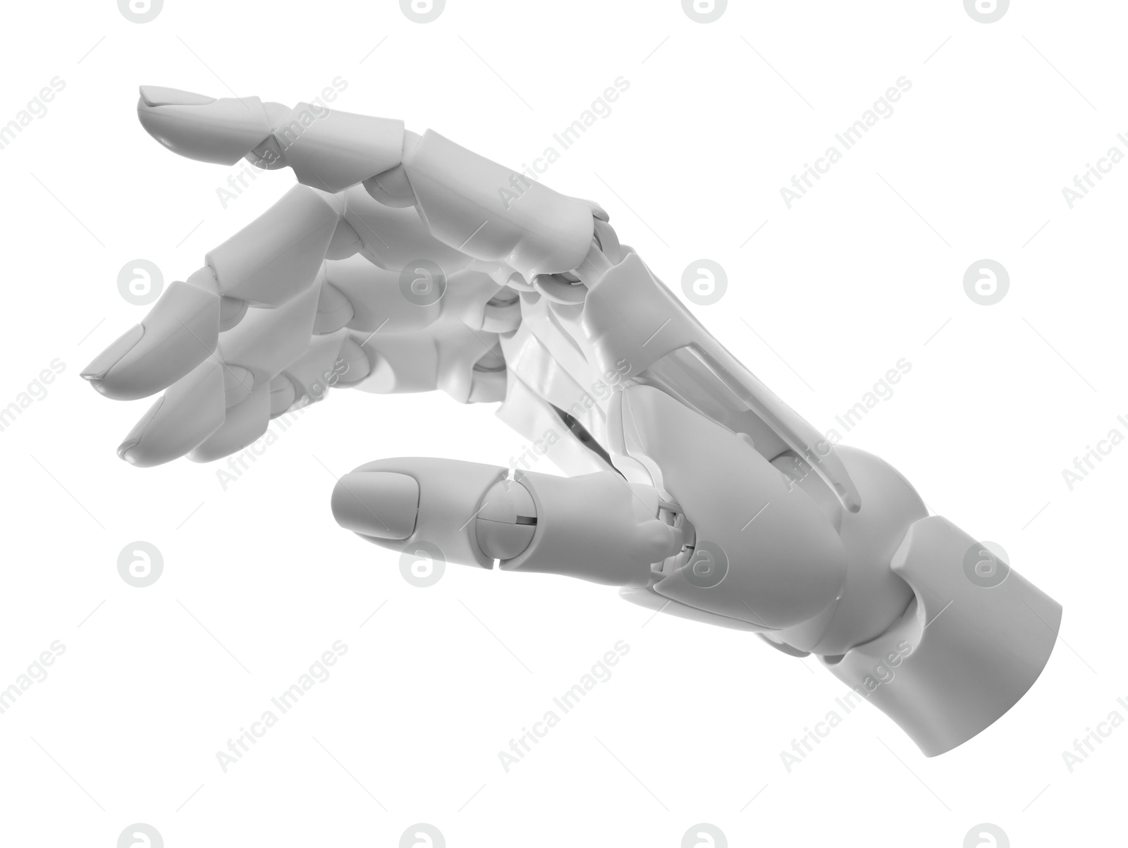 Photo of Artificial intelligence. Robot hand gesturing on white background